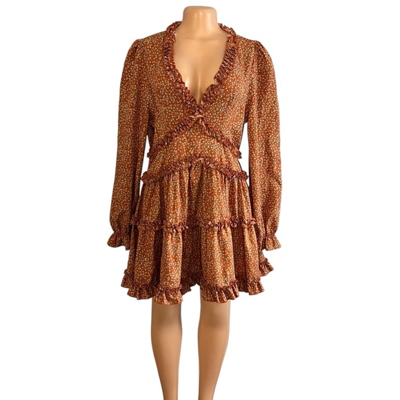 3/$30 🍂 Lulus Admire You Orange Floral Print Ruffled Long Sleeve Mini Dress - Picture 3 of 9